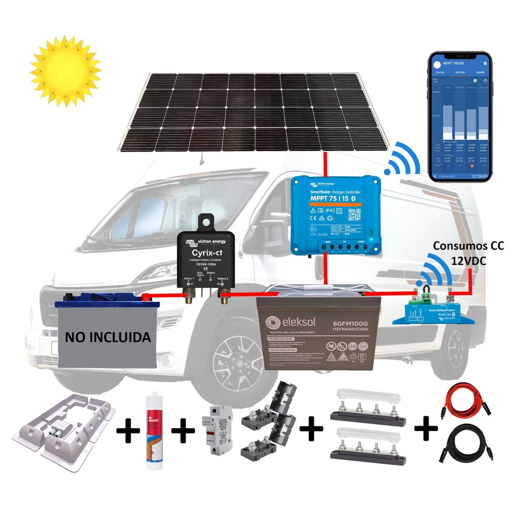 Kit Camper relé, solar 200W, acumulación 100Ah, salida en 12V