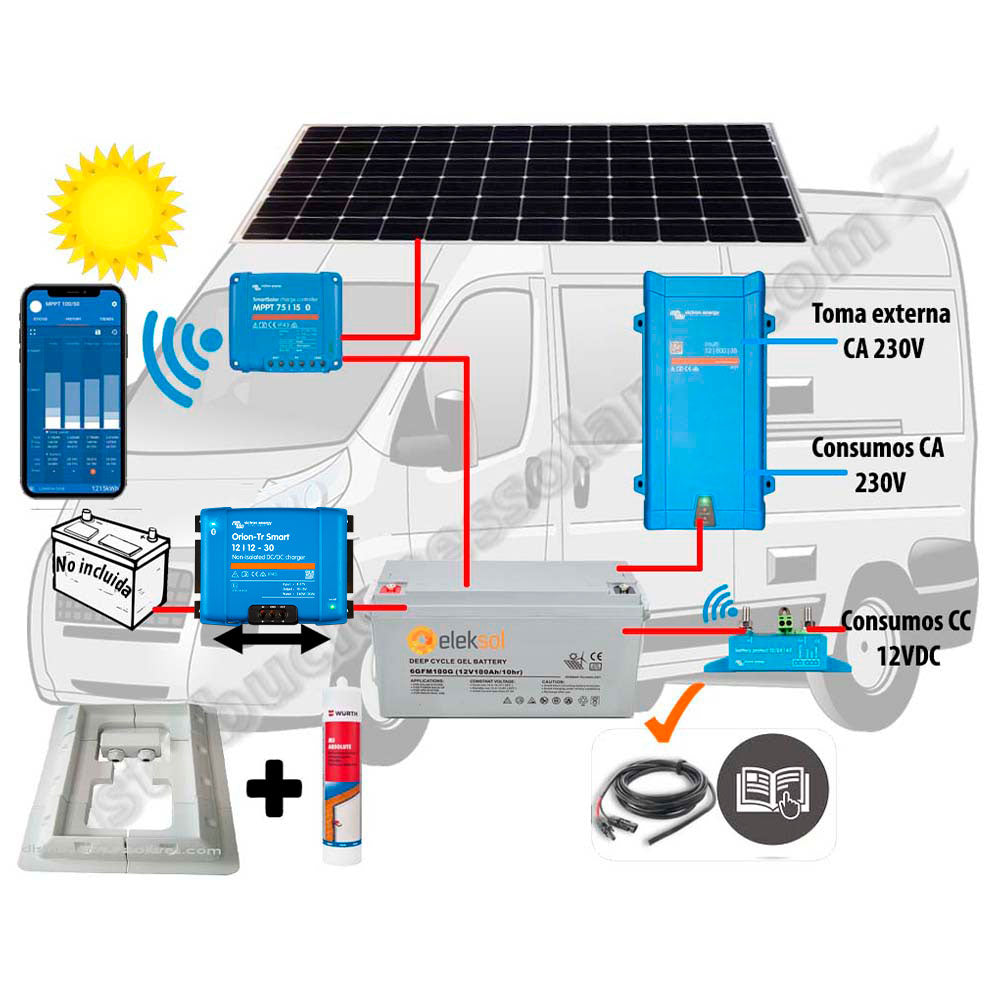 Kit Camper booster 18A, solar 200W, acumulación 180Ah, potencia 800VA