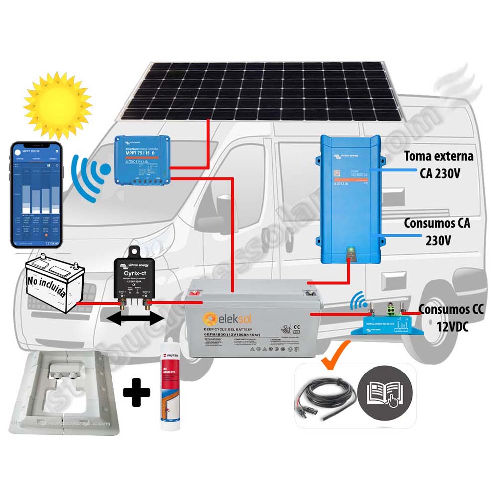 Kit Camper relé, solar 200W, acumulación 180Ah, potencia 800VA