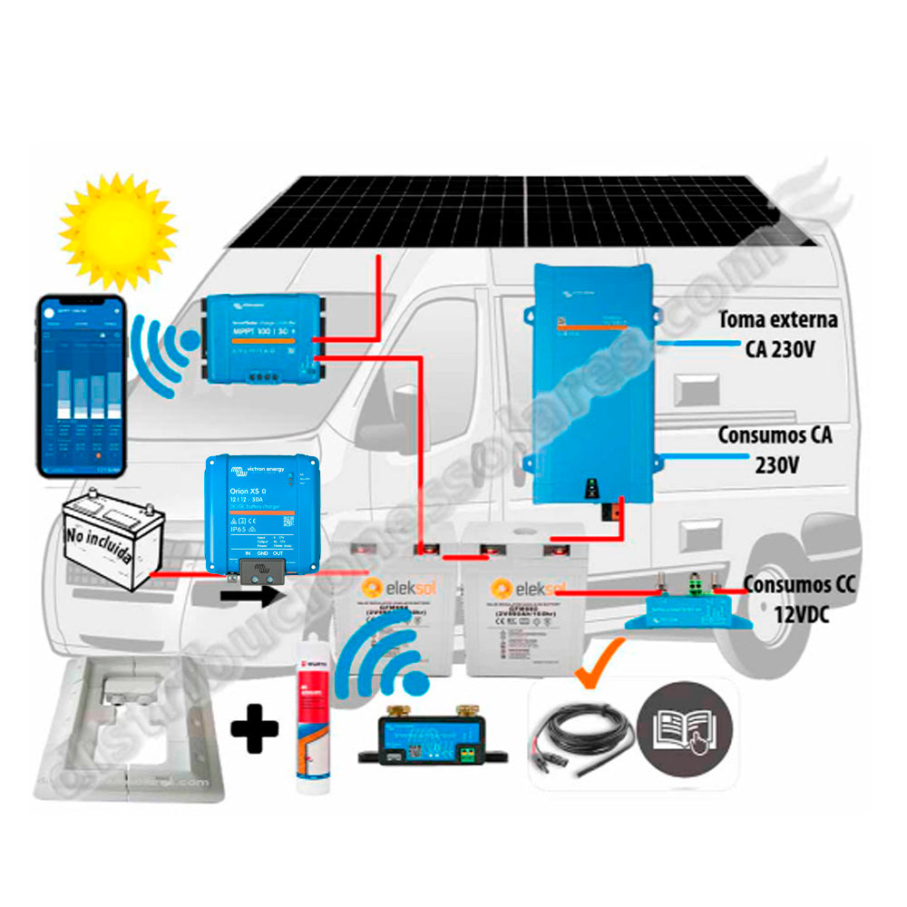 Kit Camper booster 50A, solar 2x200W, acumulación 200Ah LFP, potencia 1600VA