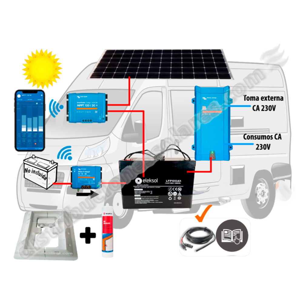 Kit Camper booster 18A, solar 200W, acumulación 100Ah LFP, potencia 800VA