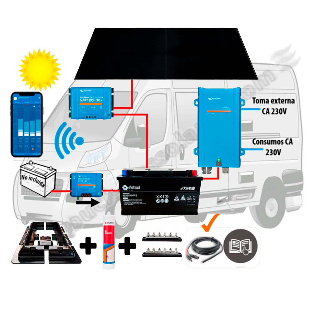 Kit Camper booster 30A, solar 400W IBC, acumulación 150Ah LFP, potencia 1200VA