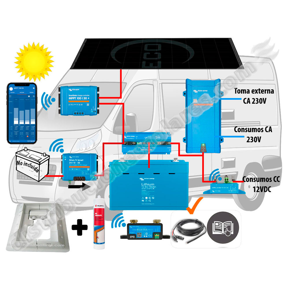 Kit Camper Victron, booster 50A, solar 400W IBC, acumulación 200Ah LFP, potencia 1600VA