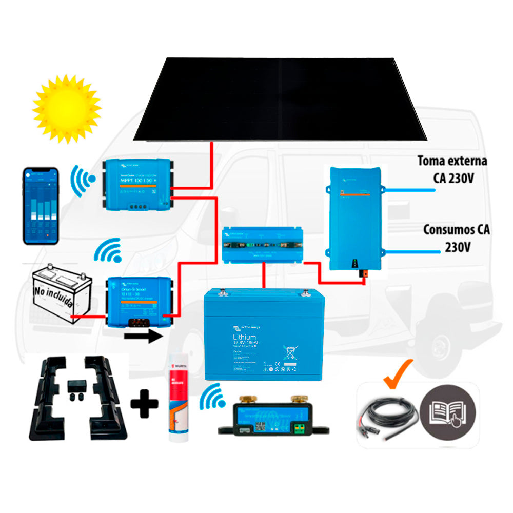 Kit Camper Victron, booster 50A, solar 400W IBC, acumulación 300Ah LFP, potencia 2000VA