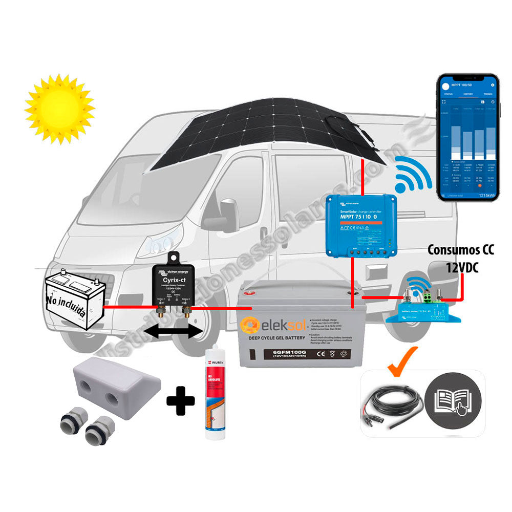 Kit Camper relé, solar flexible 110W, acumulación 100Ah, salida en 12V